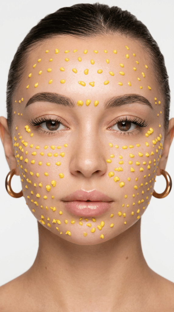 Rostro con puntos de sérum amarillo repartidos por toda la cara