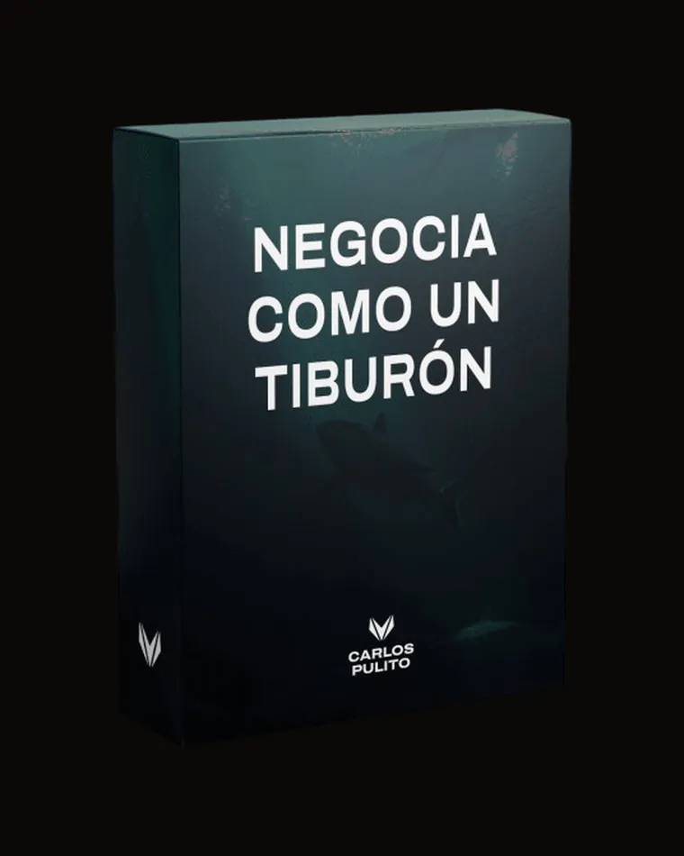 La caja de la formación Negocia como un tiburón, en verde muy oscuro con el título en blanco.