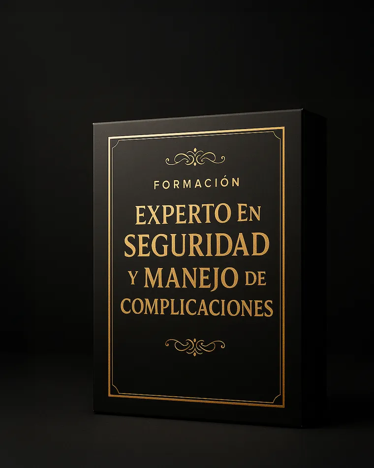 La caja de la formación Experto en Seguridad y Manejo de Complicaciones en Dermoestética: negra, con marco y letras en oro.